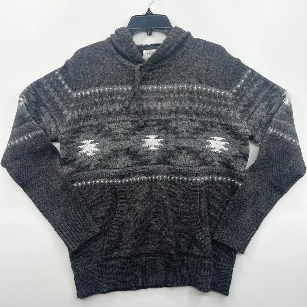 American Eagle Outfitters Men Wool‎ Hoodie Sweater Fair Isle Gray Size M Pockets